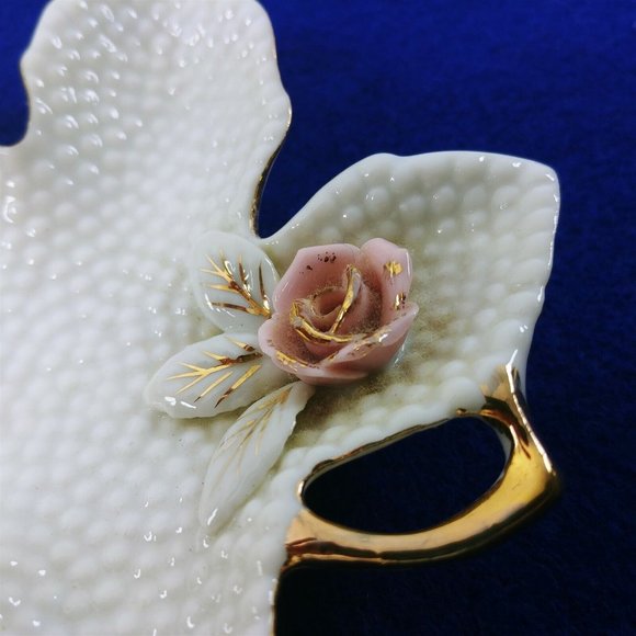 Trinket Dish Porcelain White Leaf Shape with Gold Trim Rose Accent 5" - Picture 5 of 6